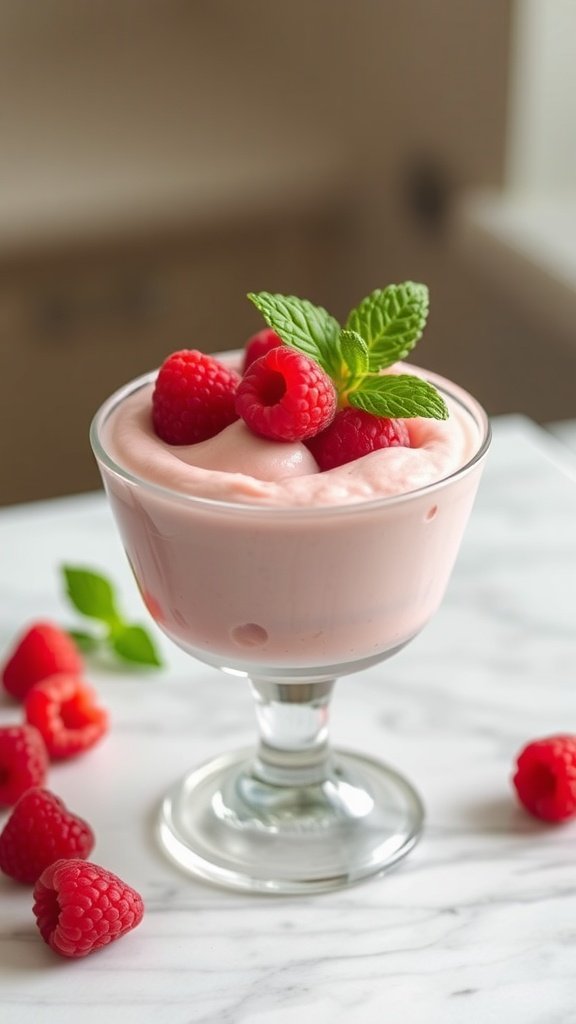 A glass of raspberry mousse topped with fresh raspberries and mint leaves