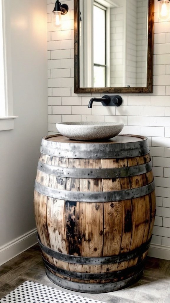 A repurposed wine barrel used as a sink vanity with a round stone bowl sink.