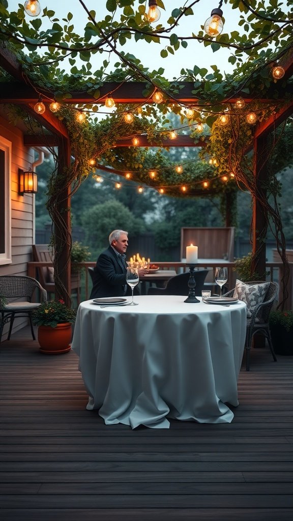 A cozy, romantic patio with string lights, a beautifully set table, and a candle.