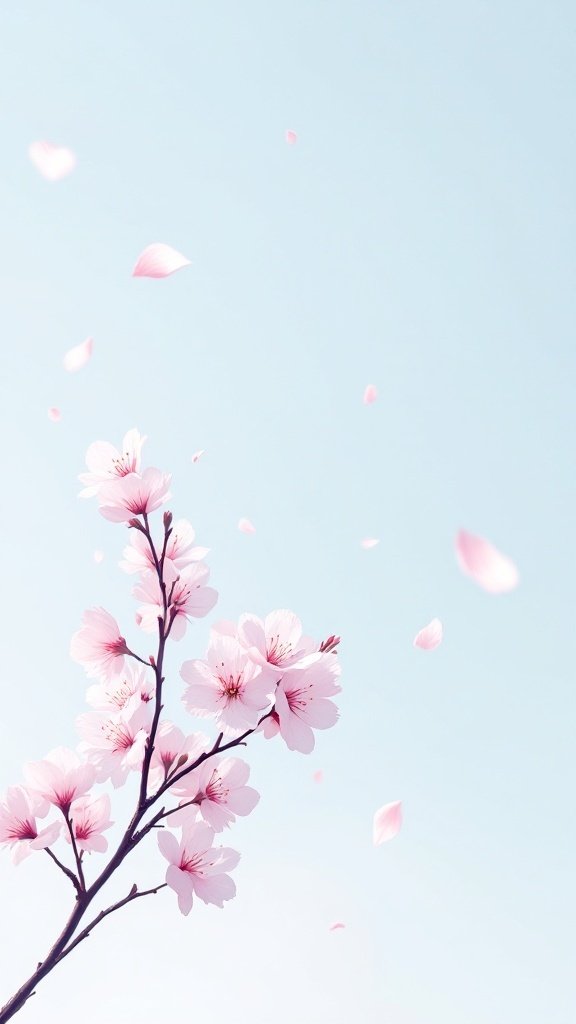 Wallpaper featuring a branch of pink sakura blossoms against a light blue background