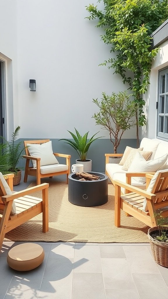 A cozy Scandinavian-style outdoor patio with wooden chairs, a fire pit, and lush greenery.