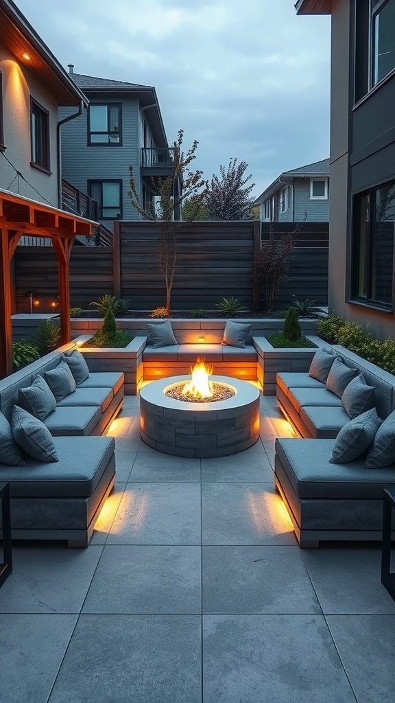A cozy sunken lounge area with cushioned seating and a fire pit surrounded by soft lighting.