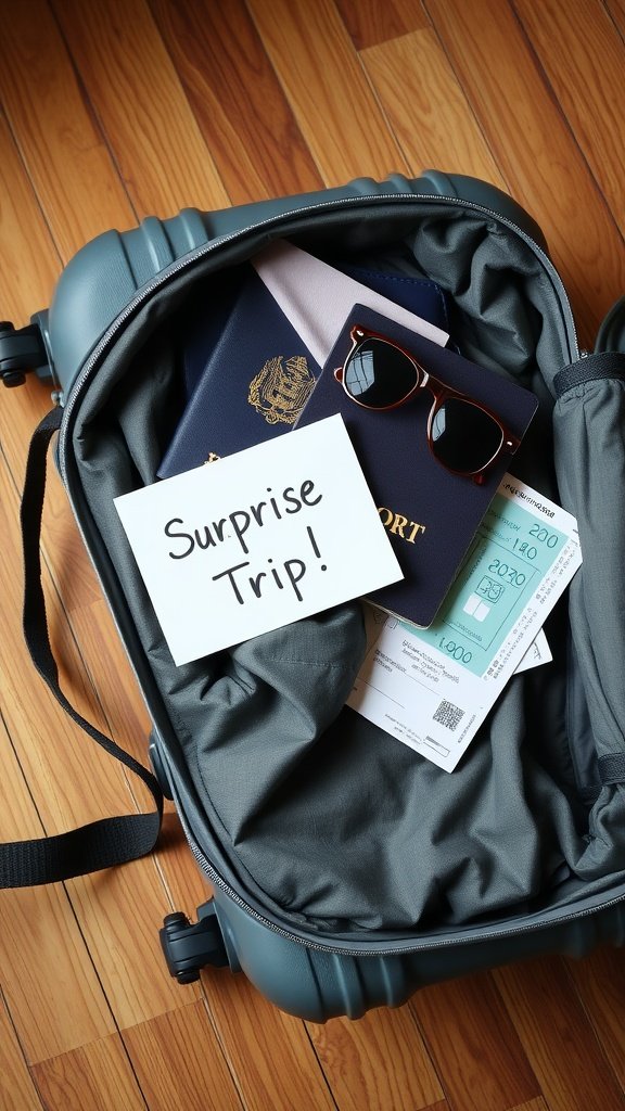 A packed suitcase containing travel essentials like a passport, tickets, sunglasses, and a note saying 'Surprise Trip!'