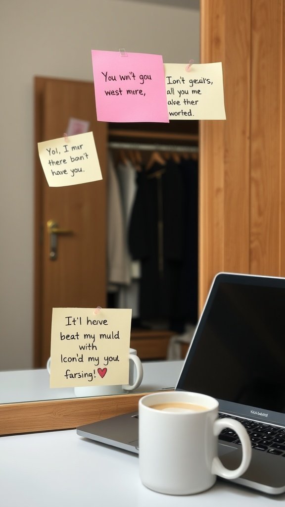 Colorful sticky notes with love messages on a mirror near a laptop with a coffee mug.