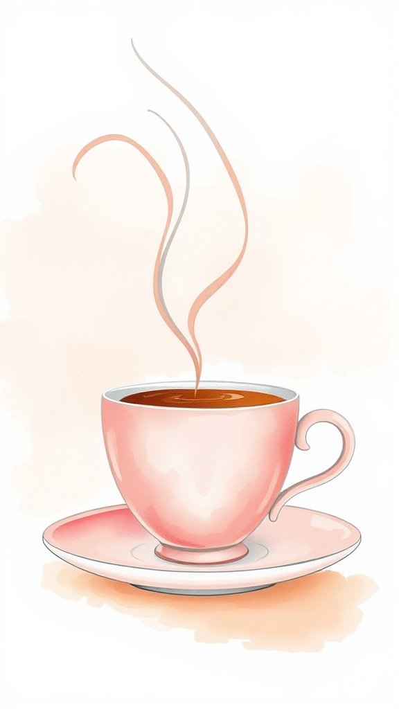 A watercolor illustration of a pink tea cup with steam rising from it.