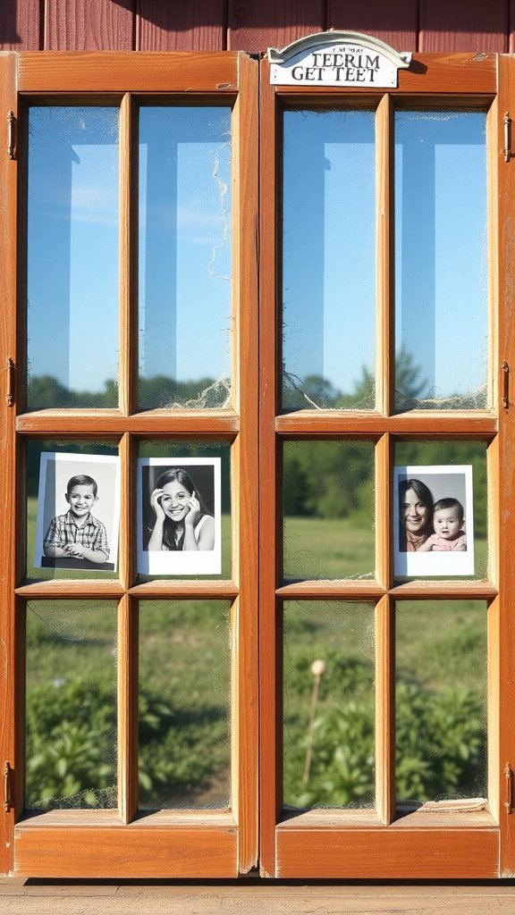 Vintage window frame displaying family photos against a rural backdrop