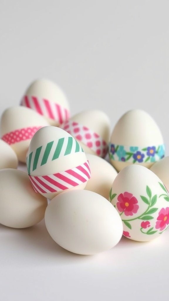Decorated Easter eggs with various washi tape designs