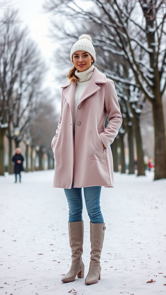 Woman in a pink coat, white turtleneck, and knee-high boots standing in a snowy park.